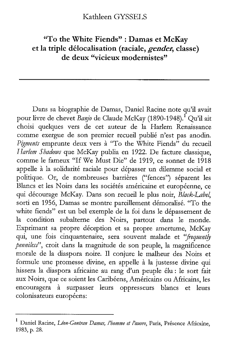 "To the White Fiends": Damas et McKay
et la triple délocalisation (racial, gender, classe)
de deux "vicieux modernistes"