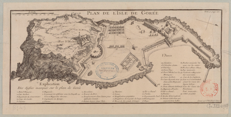 Plan de l'&icirc;le de Gor&eacute;e au d&eacute;but du XVIIIe si&egrave;cle